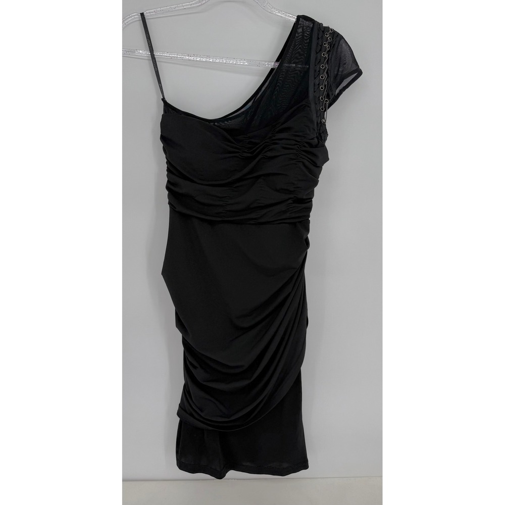 Bebe Womens Black One Shoulder Ruched Mesh Chain Detail Bodycon Dress Sz S